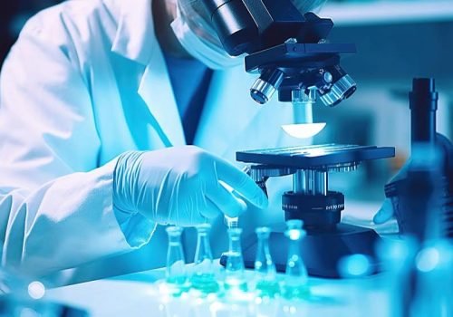 lab-technician-mask-examines-test-tubes-utilizes-microscope-analysis